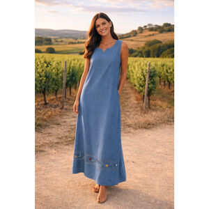 Vintage Country Wear Denim Maxi Dress Embroidered Hem Cottagecore Modest